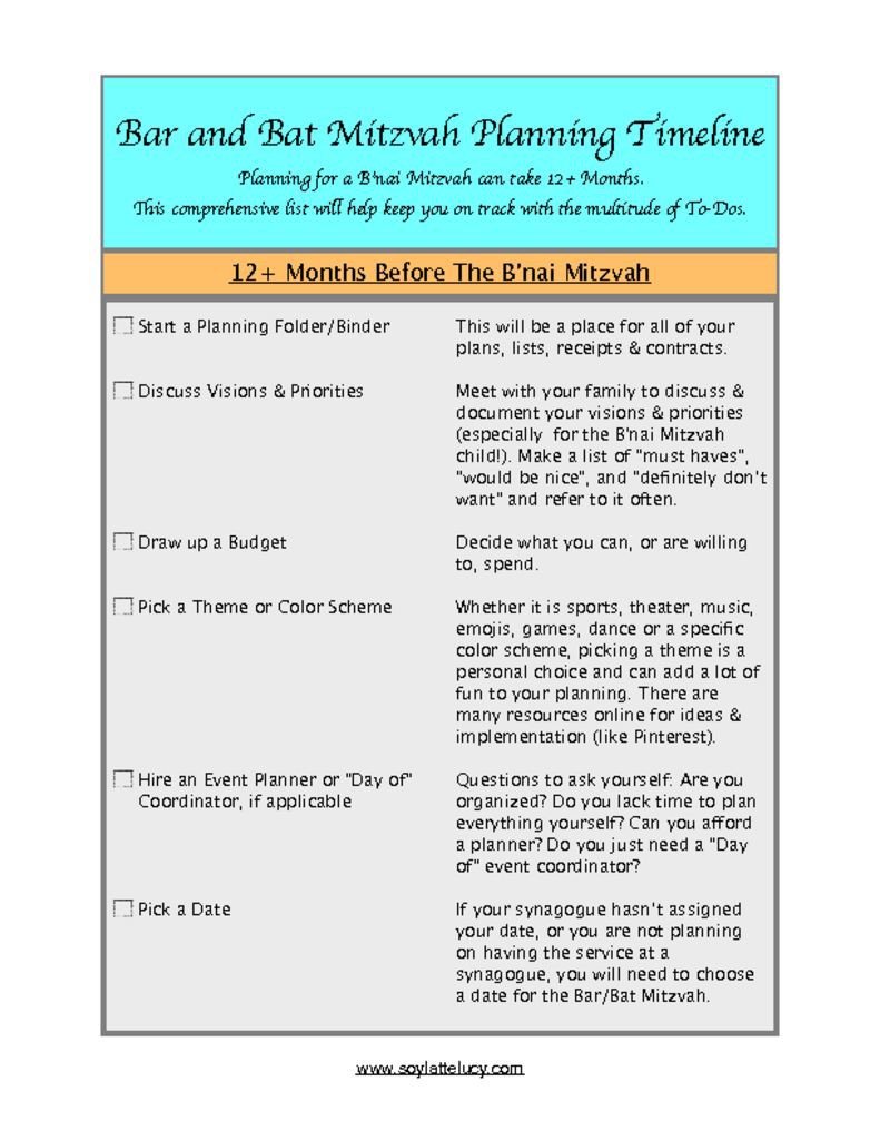 Bar Mitzvah 12 Month Timeline PDF by SoyLatteLucy 